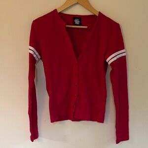 2000s Y2K vintage fitted Red Button-Up Cardigan with White Sleeve Stripes